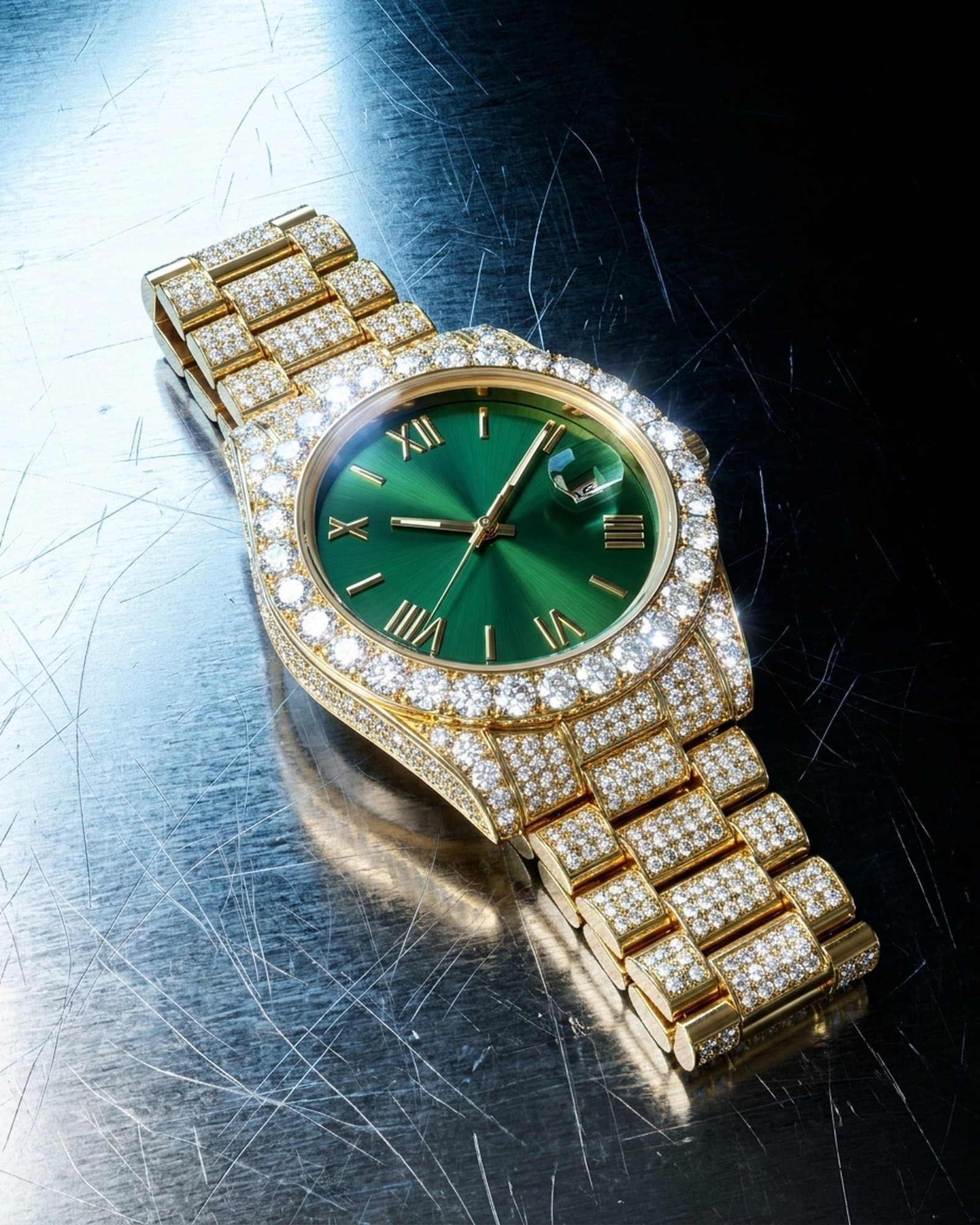 Iced gold watch with a green dial lying on scratched steel under a cold light