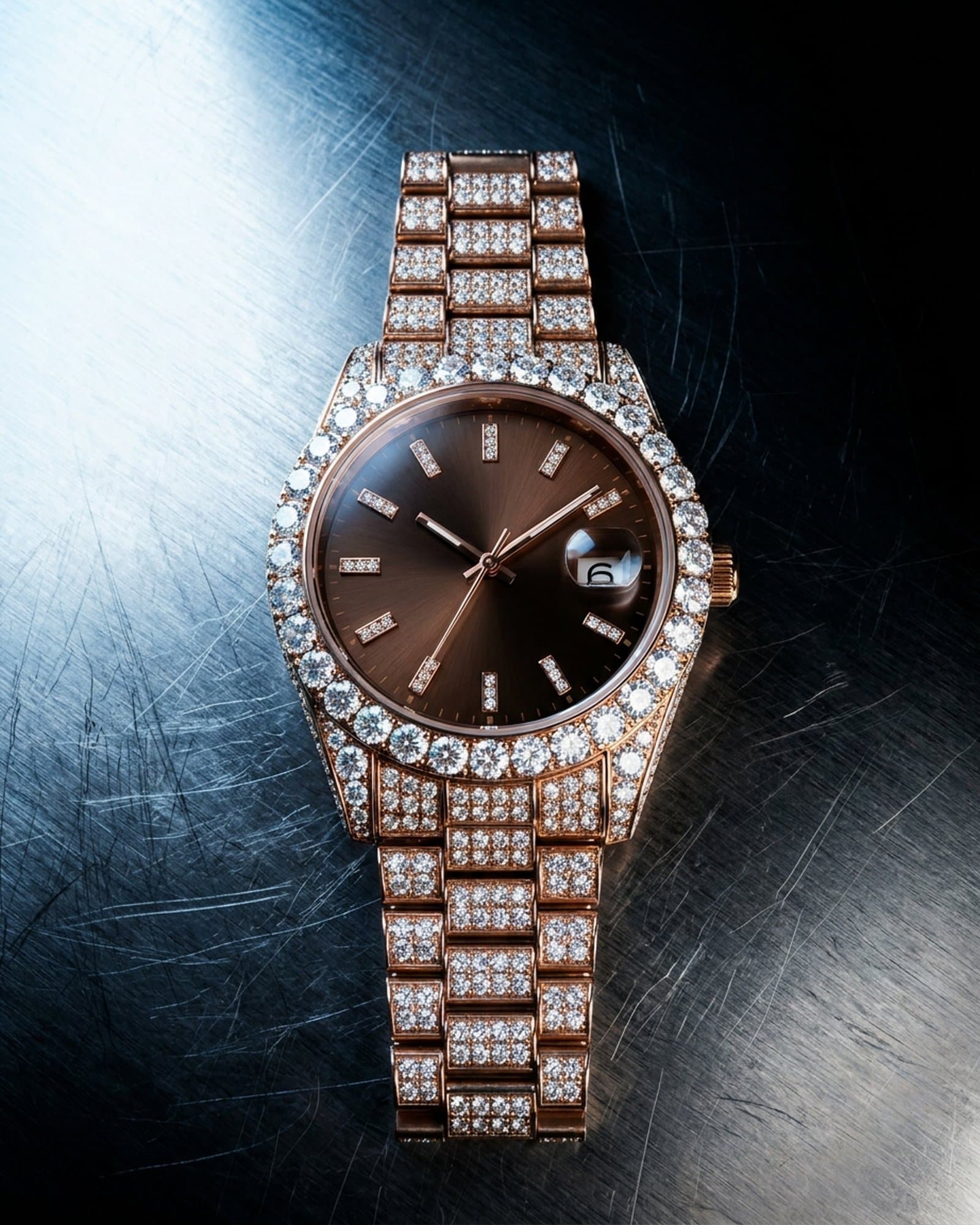 Iced rose gold watch with a brown dial lying on scratched steel