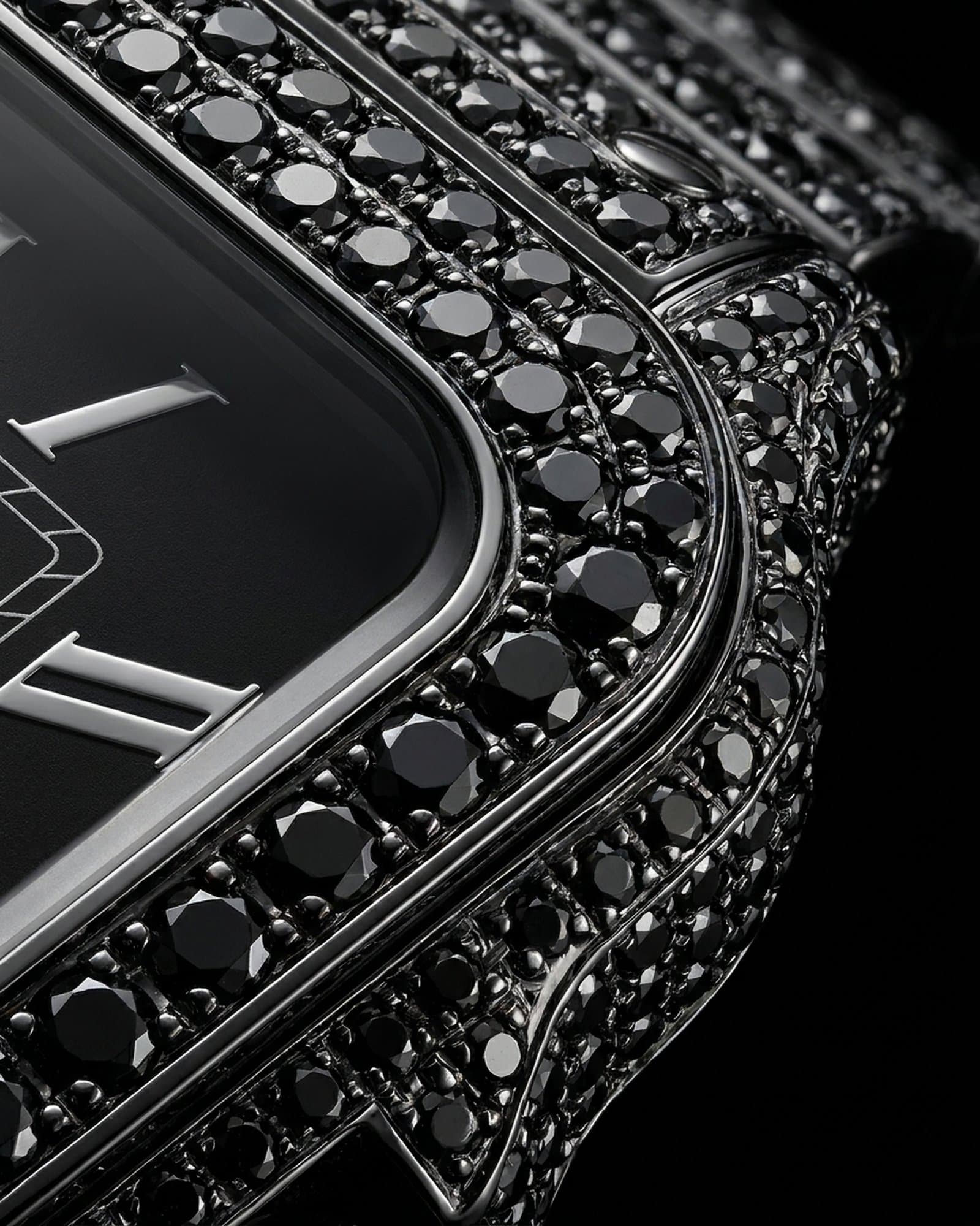 Close-up of the black stones on the bezel and first links