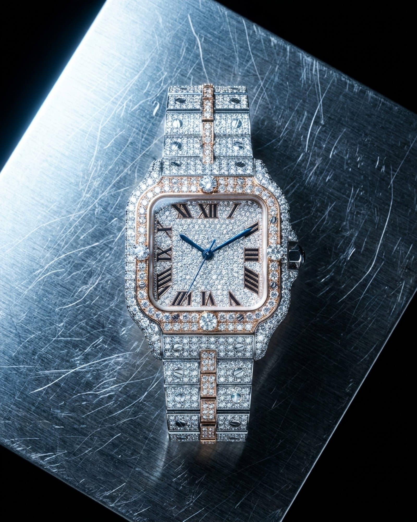 Iced square watch in rose two-tone with a pave dial lying on scratched steel