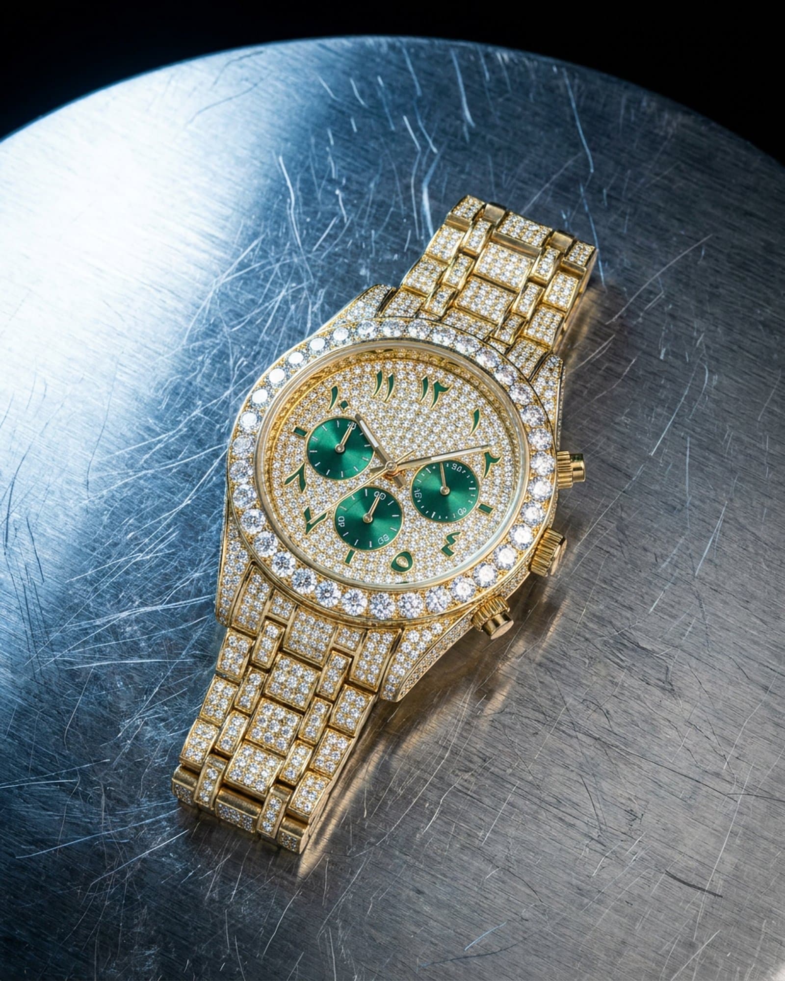 Iced gold chronograph with green sub-dials lying on scratched steel
