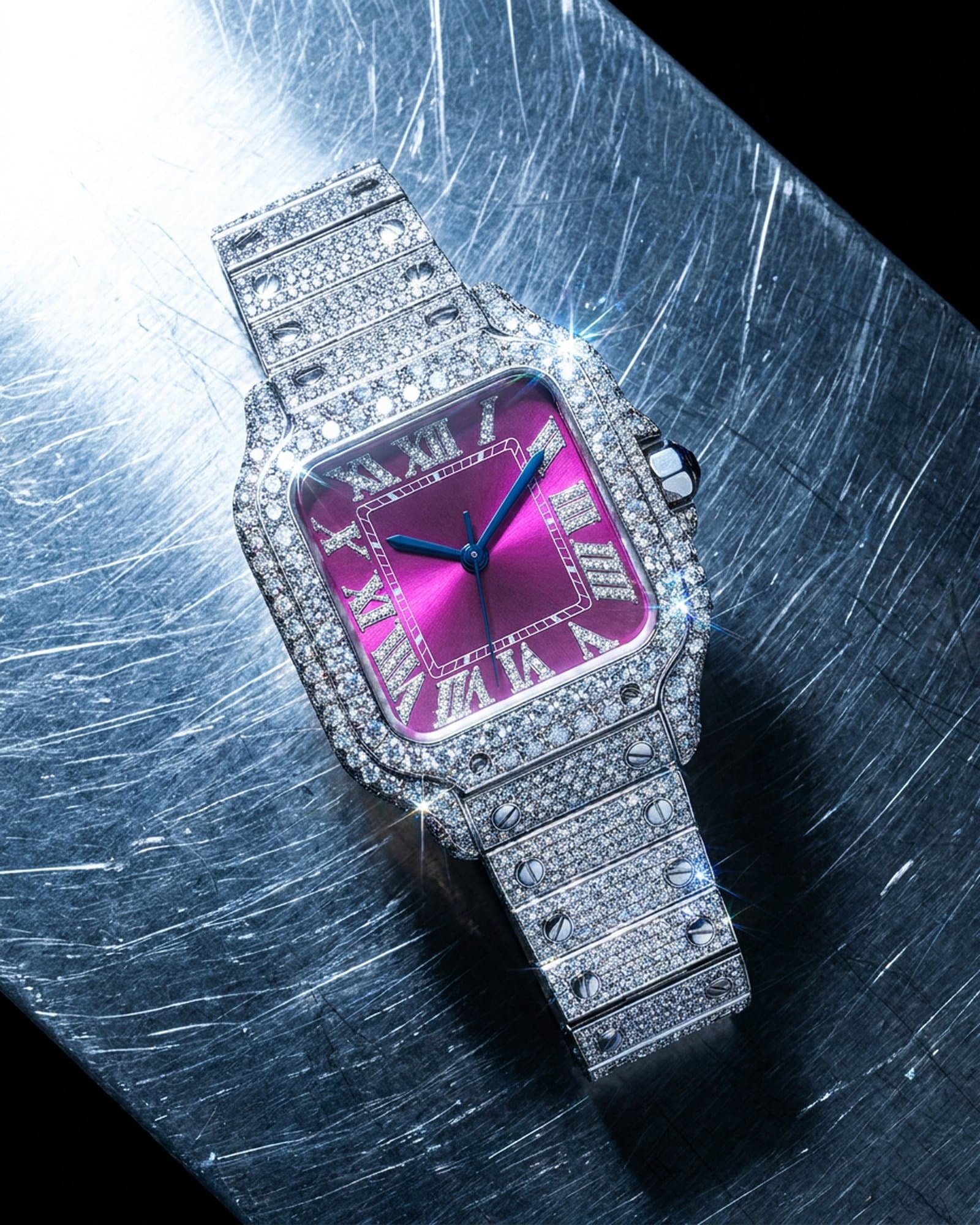Square watch with a pink dial lying on scratched steel under a cold light