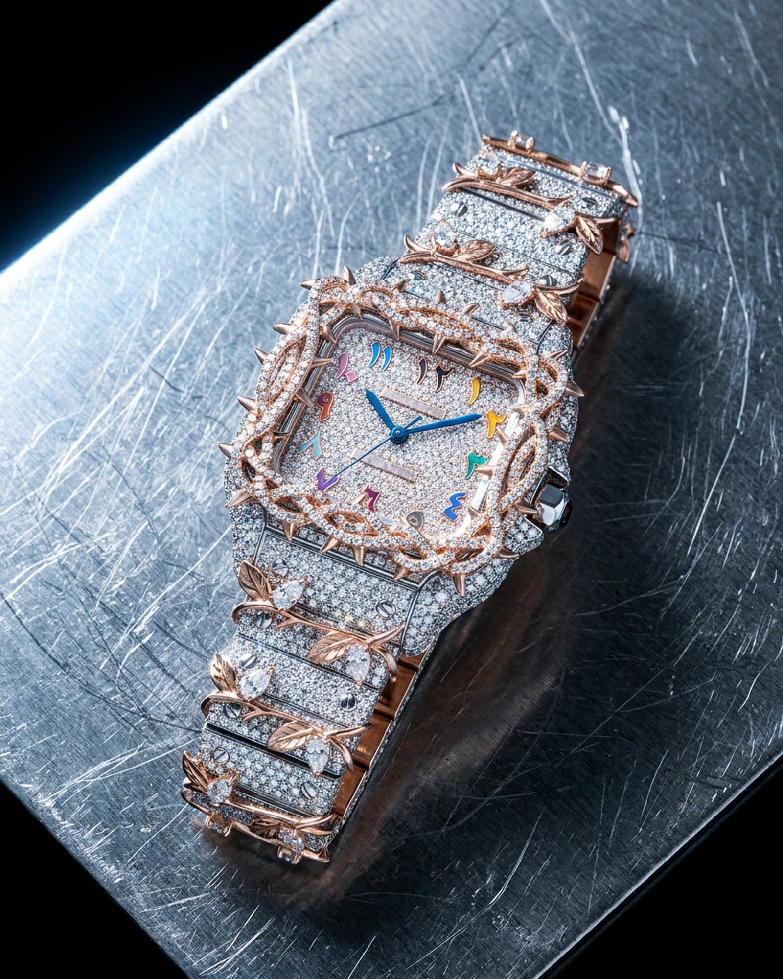 Thorn square watch in rose two-tone lying on scratched steel under a cold light